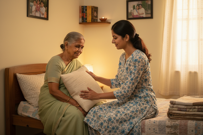 Indian daughter caring for elderly mother with Indu Earth Semel Pillow
