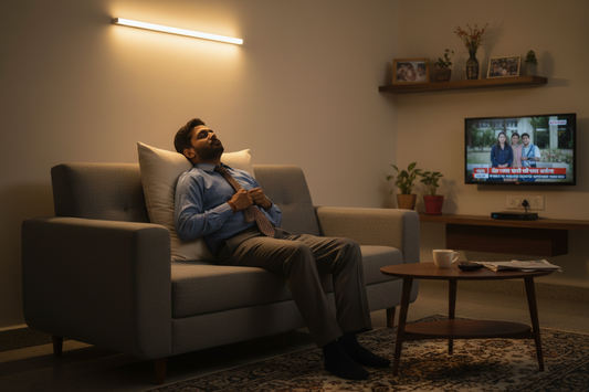 Tired Indian man relaxing on Indu Earth Semel Pillow after work