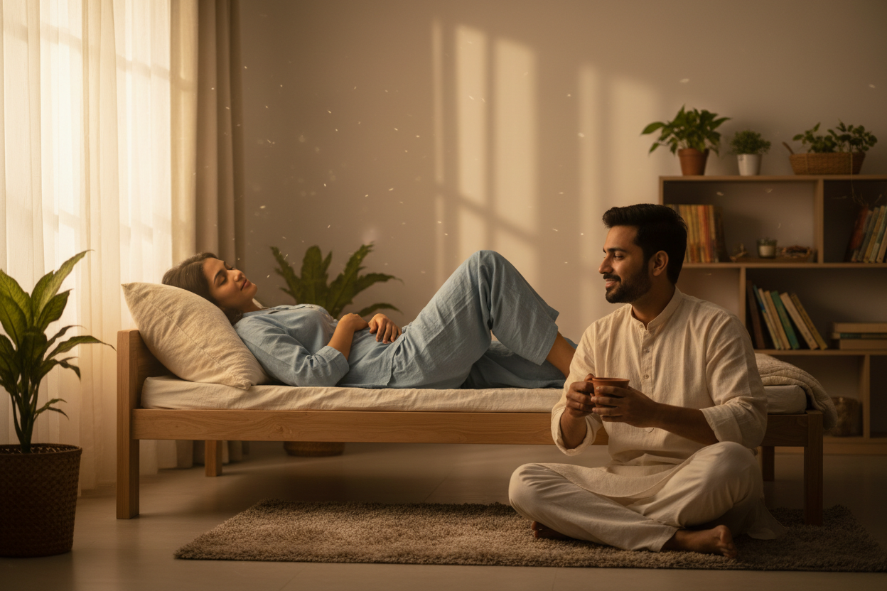Indian couple relaxing at home with Indu Earth Semel Pillow and chai