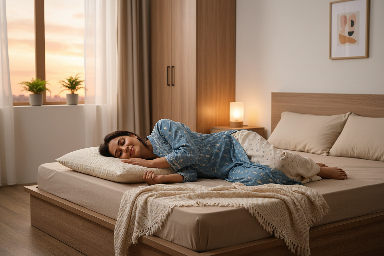 Indian woman resting peacefully on Indu Earth Semel Pillow after a long day