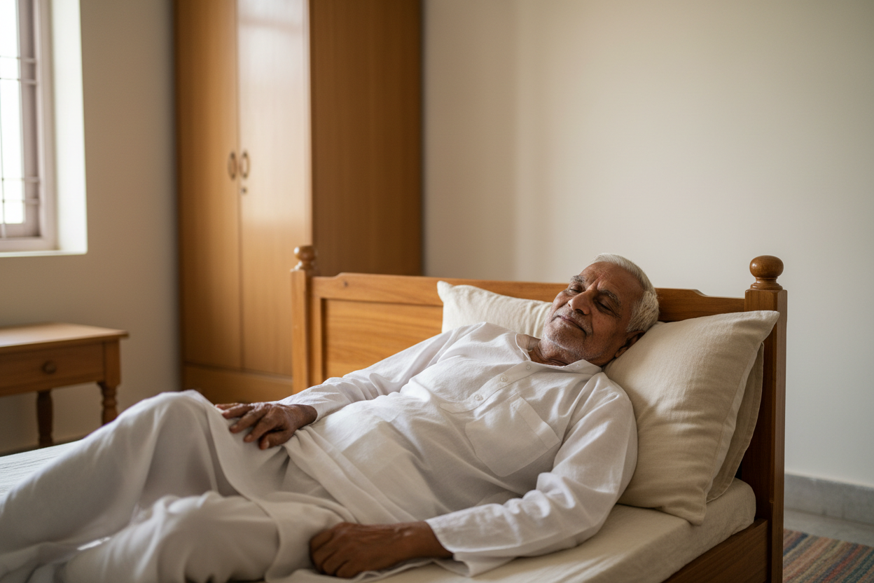 Elderly Indian grandfather resting peacefully on Indu Earth Semel Pillow