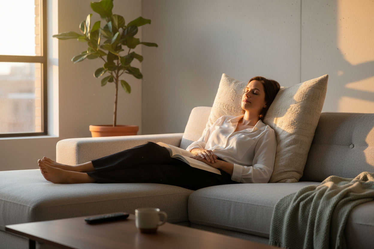 Working professional resting on Indu Earth Semel Pillow after a long day
